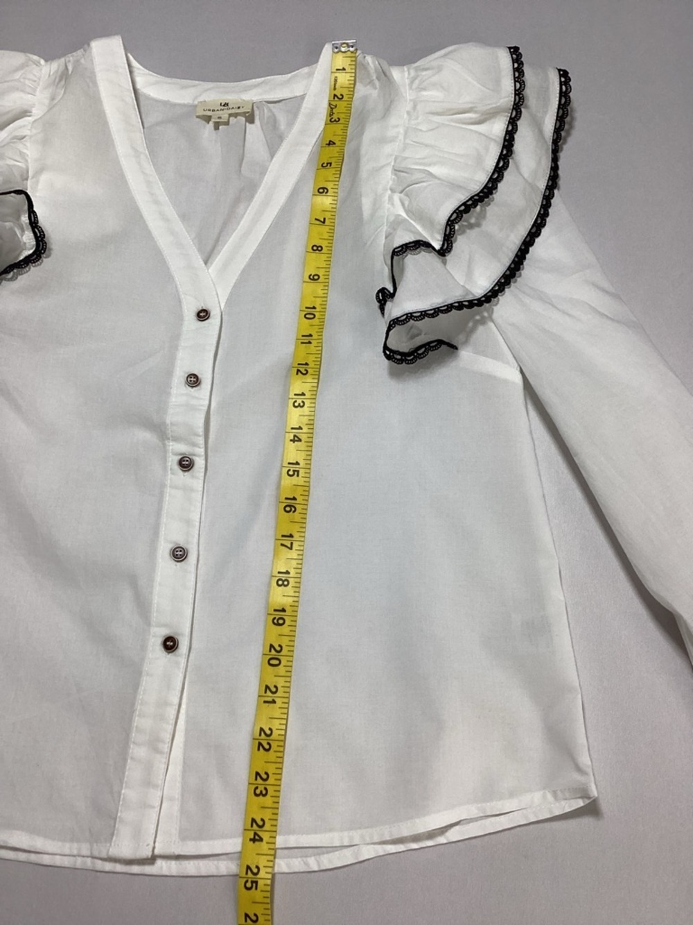 Women’s White Ruffle-Trim Button Front Blouse - Picture 8 of 11